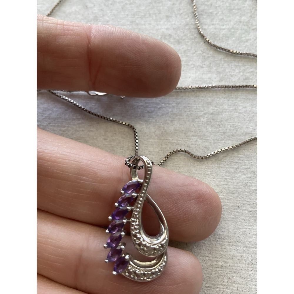 Vintage 925 Sterling Silver Marquise Amethyst Gemstone Pendant Necklace